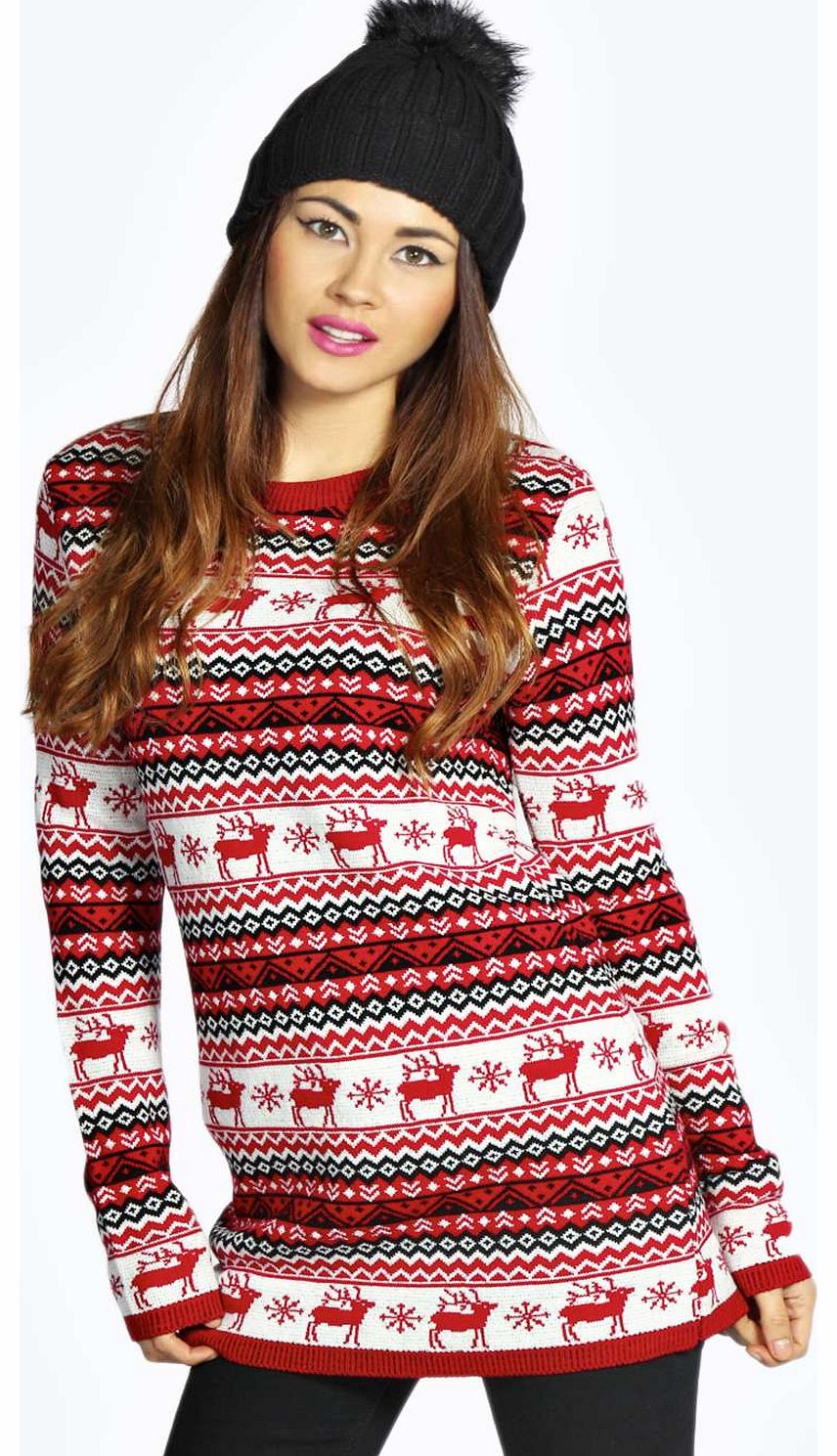 boohoo Tracy Reindeers Fairisle Tunic Jumper - red
