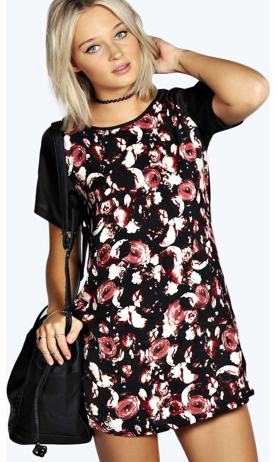 boohoo Treena Floral Contrast Satin Shift Dress - multi