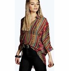 boohoo Tribal Print 3/7 Sleeve Wrap Front Blouse -