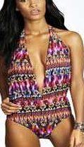 boohoo Tribal Print Deep Plunge Swimsuit - multi azz32427