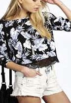 boohoo Tropical Floral Eyelash Lace Trim Blouse - black