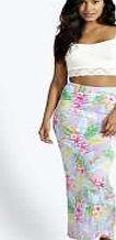 boohoo Tropical Print Slinky Maxi Skirt - lilac azz04909