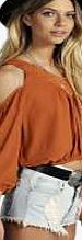 boohoo V Neck Open Shoulder Blouse - terracotta azz12573