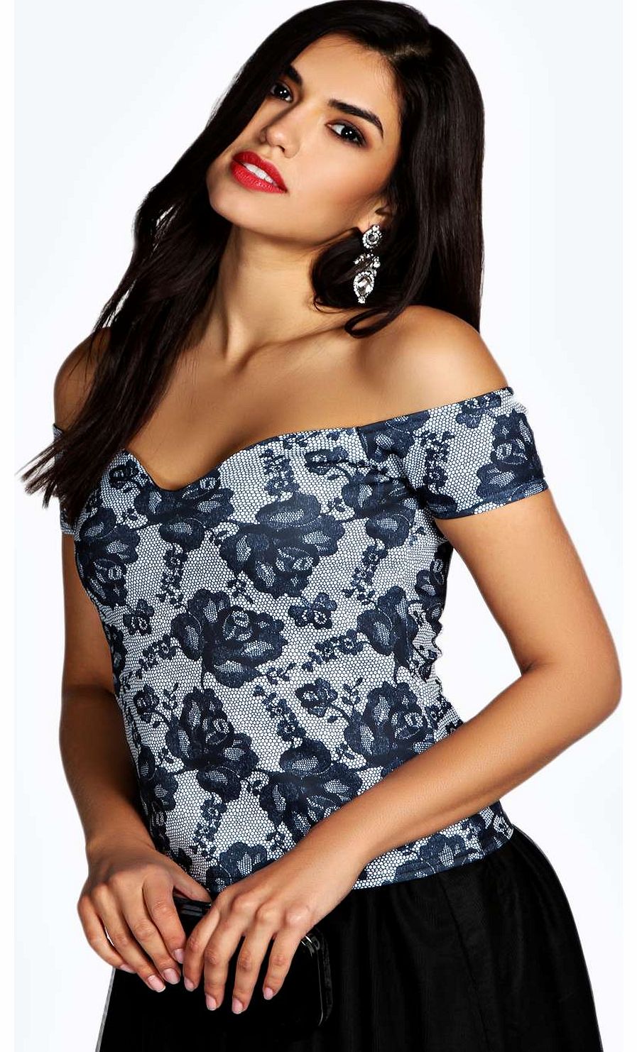 boohoo Victoria Lace Print Bardot Plunge Neck Top -