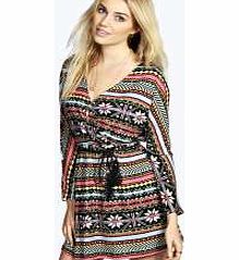 boohoo Violet Bright Aztec Brushed Knit Wrap Dress -