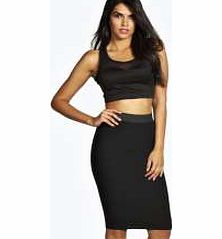 boohoo Waffle Contrast Waistband Midi Skirt - black