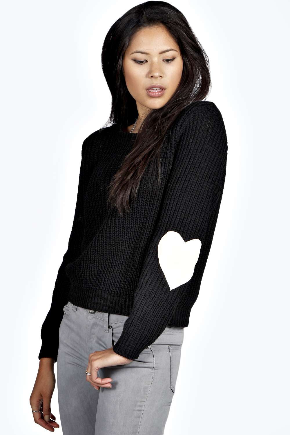 boohoo Wendy Heart Elbow Patch Jumper - stone