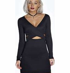 boohoo Wrap Front Long Sleeve Bodycon Dress - black