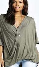 boohoo Wrap Front Oversized Jersey Blouse - khaki