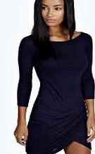 boohoo Wrap Over Skirt 3/4 Sleeve Bodycon Dress - navy