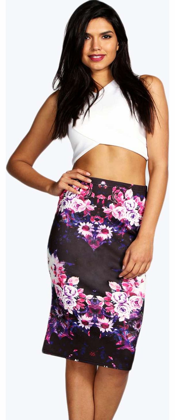 boohoo Yasmin Floral Panel Print Scuba Midi Skirt -