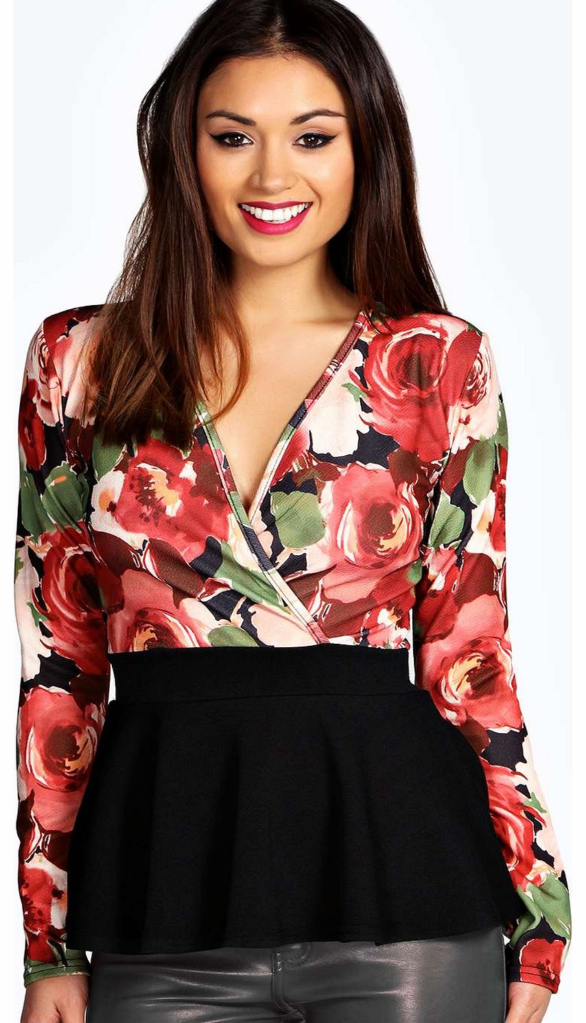 boohoo Yasmin Floral Print Wrap Front Peplum - multi