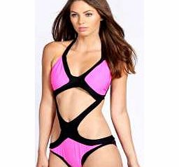 boohoo Zanzibar Extreme Cut Front Neon Swimsuit - multi