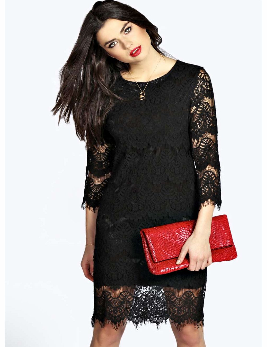 Zena Lace Midi Shift Dress - black azz17713