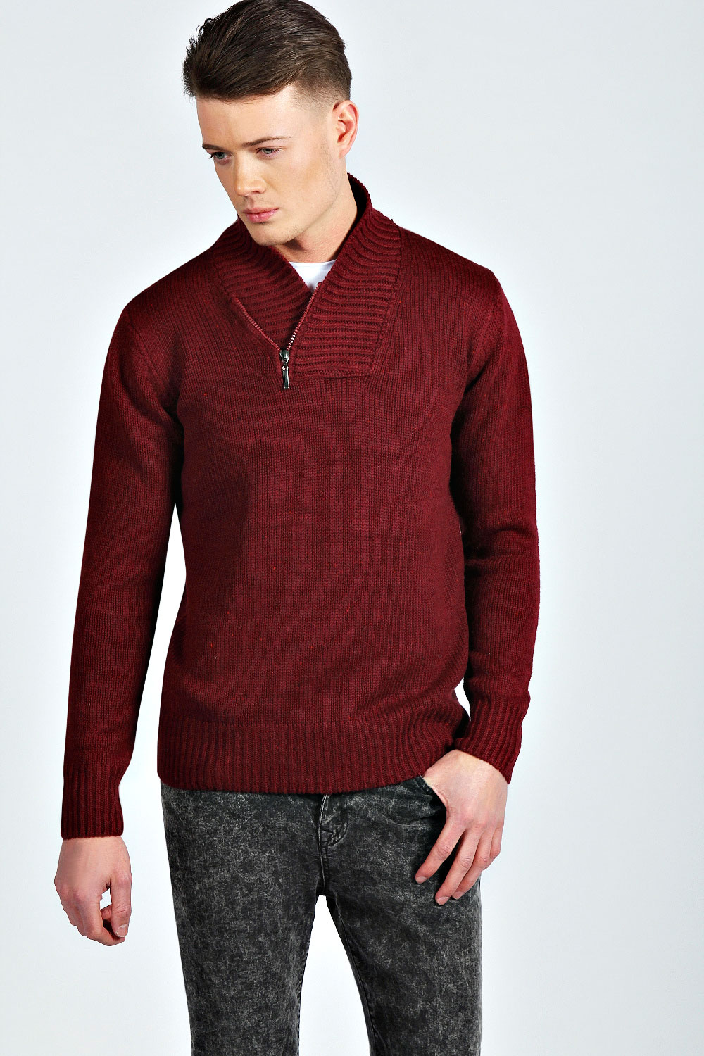 boohoo Zip Neck Nep Yarn Jumper - wine mzz96183