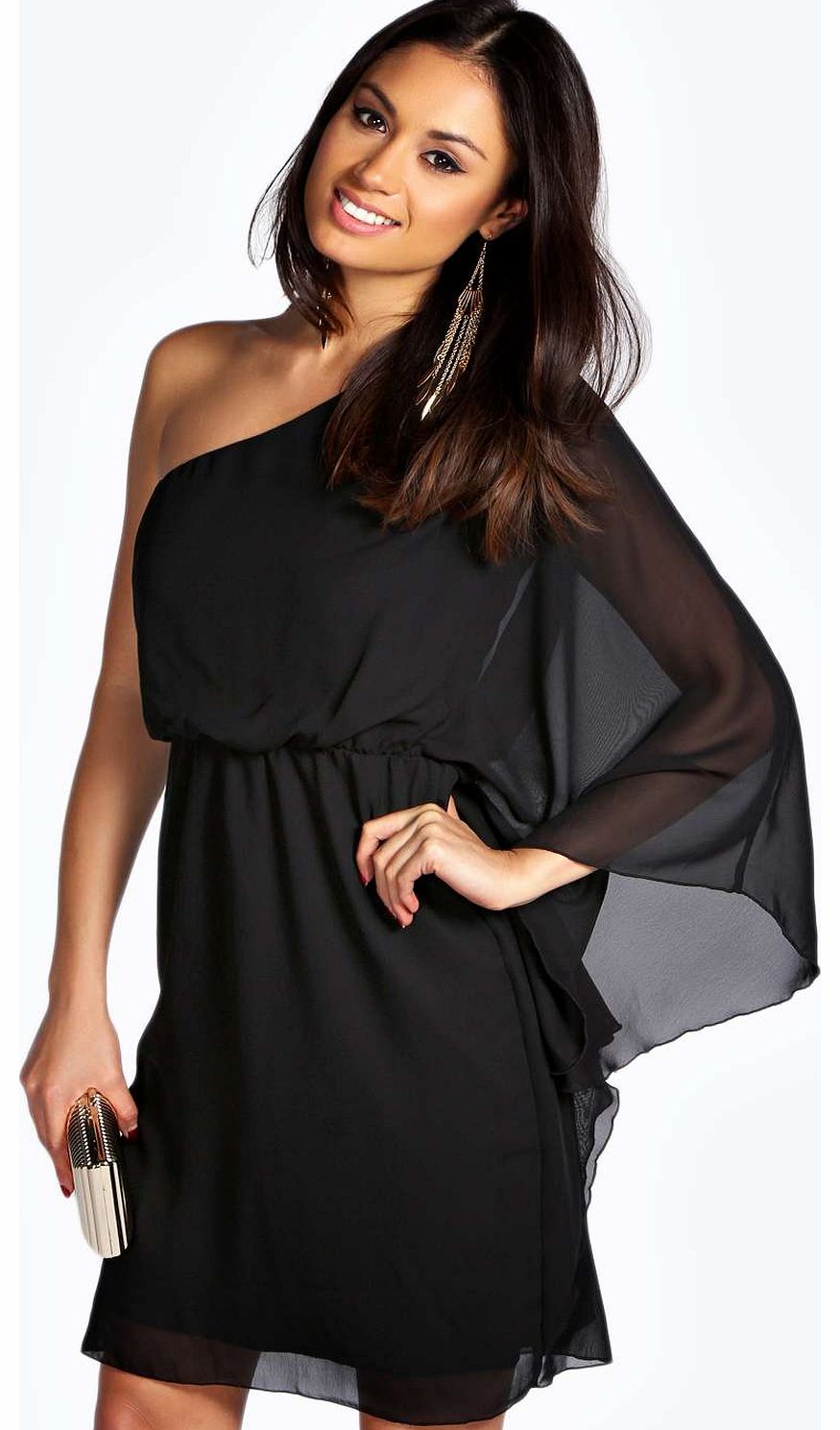 boohoo Zoe One Shoulder Full Skater Dress - black