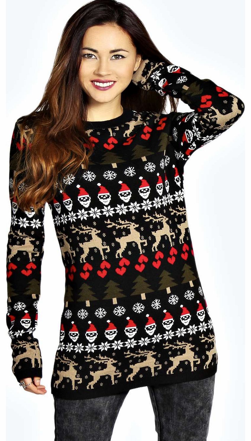 boohoo Zoe Santa And Reindeers Christmas Tunic Jumper -