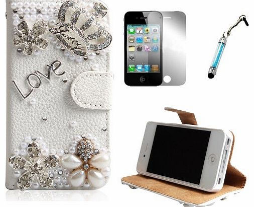Iphone 4 4s Free Stylus + Bling Crystal Crown Rhinestone Flower Pearl Diamond Design Sparkle Glitter Leather Wallet Type Flip Case Cover for Iphone 4 4s