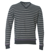 Boss Polonius Grey and Black Stripe V-Neck Sweater