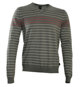 Boss Themba Grey Stripe V-Neck Sweater