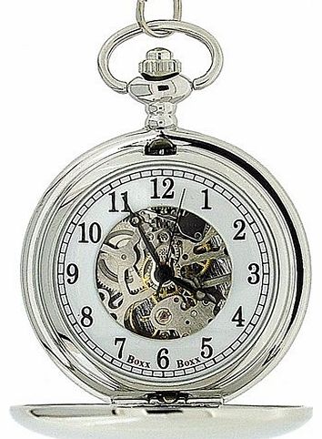 BOXX  Mens Silver Tone Skeleton Mechanical Pocket Watch 12 Chain Boxx244
