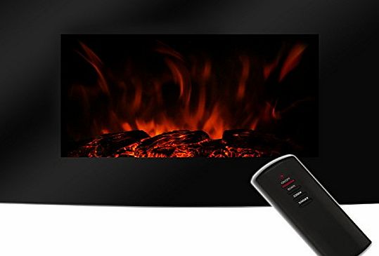 BPS TruFlame Log Effect 1000W/2000W LED Wall Mounted Flameamp;Heat Adjustable Electric Fire Remote Control with Ultra Slim Black Curved Tempered Glass Screen Electric Fires Convector Heater