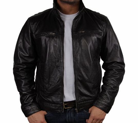 Brandslock Mens Leather Biker jacket Black Brand New Real Leather Coat Designer X-Small-5XL (Large)