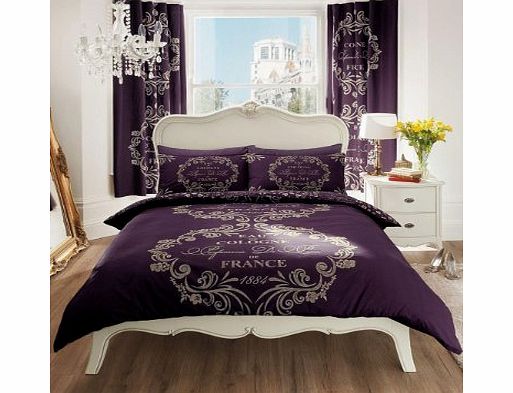 Brandstock24 SCRIPT PARIS DOUBLE SIZE DUVET COVER BEDDING SET - PURPLE