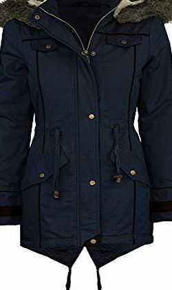 Alison Oversized Fur Hood Padded Military Fishtail Parka Navy Blue 18