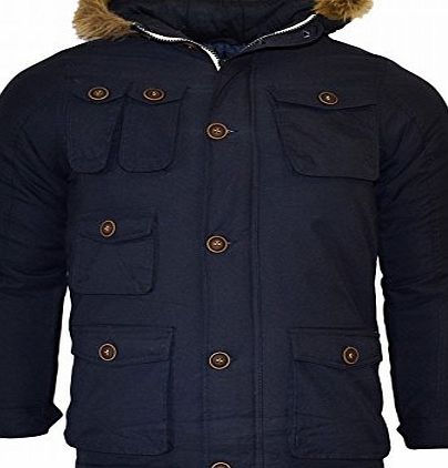 Childrens Boys Padded Winter Coat School Fur Parka Jacket Pockets 7/8 Years Blue Navy- Cobra Parker Lined Hood Warm Padded