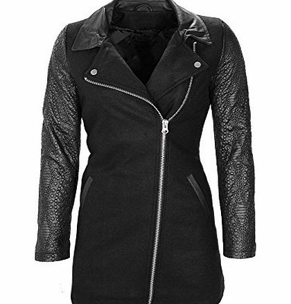 Brave Soul Embroidered Leather Sleeve Wool Coat - Black 10