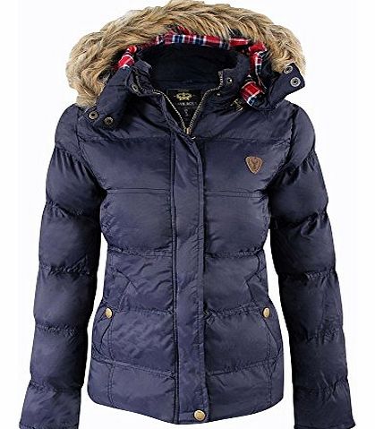 Brave Soul Ladies Womens Brave Soul Designer Fur Hooded Short Jacket Quilted Puffer Padded Coat UK 14 / US 12/ AUS 16/ EU 42/ Large Navy Blue