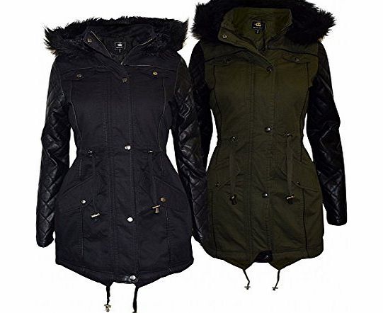 Ladies Womens Designer Fur Parka Fishtail Quilted Leather Arms Jacket Coat Hooded UK 8 /US 6/ AUS 10/ EU 36/ X Small Black
