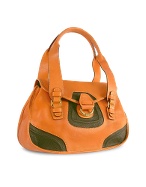 Bricand#39;s Brown Leather and Olive Micro-Suede Double-handle Bag