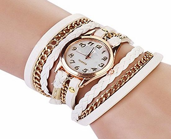 Broadfashion Charming Vintage Weave Wrap Leather Chain Bracelet Watch for Womens Ladies (Black)