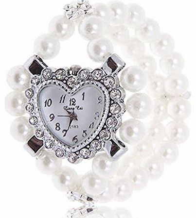 Fashion Ladies Girls Love Heart Crystal Pearls Bracelet Quartz Wrist Watch Bangle (White)