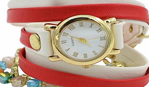 Broadfashion Fashion Womens Mixed Colour Leather Weave Wrap Bracelet Quartz Wrist Watch Christmas Gifts (Pink)