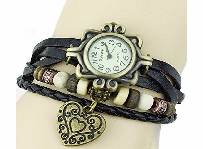Fashion Womens Retro Vintage Weave Wrap Leather Bracelet Heart Decoration Quartz Wrist Watch (Black)