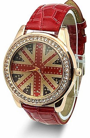 Broadfashion Womans Fashion UK National Flag Ladies Crystal Leather Quartz Wrist Watch (Red)