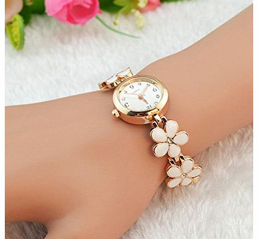 Women Girl Chic Fashion Daisies Flower Rose Golden Bracelet Wrist Watches (White)