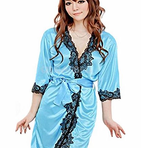 Womens Faux Silk Lace Sleepwear Bathrobe Sexy Lingerie Underwear (Blue)