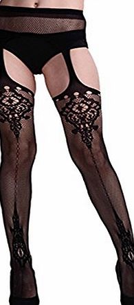 Broadfashion Womens Sexy Sheer Lace Top Patterned Thigh Highs Stockings Socks with Garter with Garter Belt
