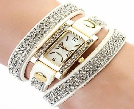 Womens Vintage Square Dial Rhinestone Weave Wrap Leather Bracelet Wrist Watch (Black)