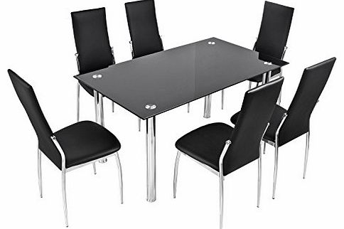 BTM Luxury Black Glass Dining Table Set with 6 Faux Leather Chairs Chrome High Quanlity Cheap Dining Table and Chairs