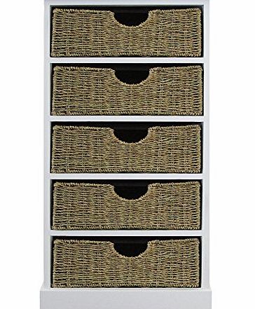 BTM Wood 5 Drawer Wooden Storage Cabinet with Seagrass Drawers/ Baskets-Bedroom/ Bathroom, White