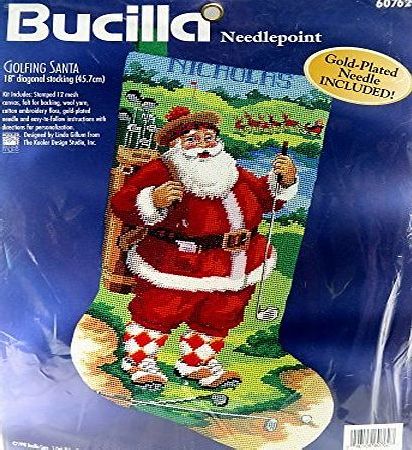 Bucilla 1998 Golfing Santa Needlepoint KIT Holiday Christmas Stocking 18 Diagonal Personalization #60762 Designed by Linda Gillum by Bucilla