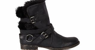 Black leather and faux fur buckled boots