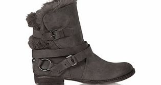 Taupe leather and faux fur buckled boots