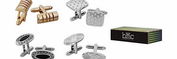 Bundle Monster 4pc Mens Classic Modern Ornate Pattern Style Dress Shirt Cufflinks Mix Design Set - Silver/Brass Finish - Set 2