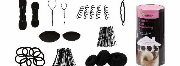 Bundle Monster 9in1 Fashion Hair Design Styling Tools Accessories Kit- Bun Maker, Roller, Braid Twist, Elastics, Pins for BLACK Hair Color